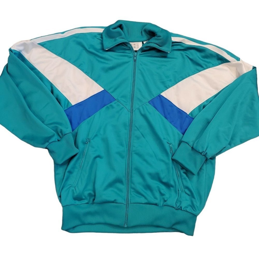 Vintage 80s Mens Large Colorblock Green Zipup Track Jacket Pockets Polyester